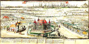 Prospect von Schlos zu Deutsch Lissa mit der gegent Breslau - Pałac, widok ogólny; na dalekim planie sylweta Wrocławia
